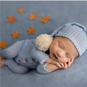 Blue Knitted Baby Hat with Pom-Pom